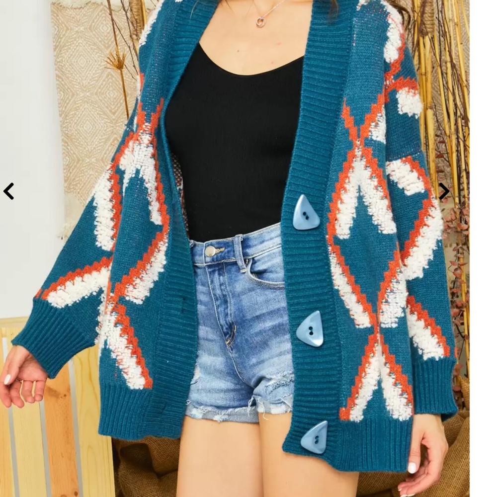 NWT Adora Teal & Orange Geometric Abstract Shaped Button Cardigan One Size - Picture 15 of 16